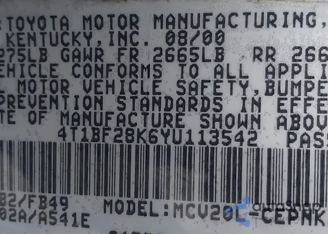 2000 Toyota Camry Le V6 из США, поврежденный, VIN 4T1BF28K6YU113542